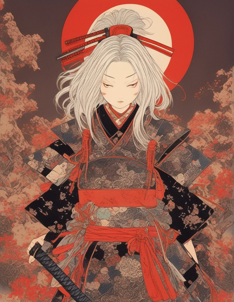 A vibrant and colorful illustration of an anime-style female samurai character with white hair, holding her sword in front of her face. She is wearing traditional Japanese adorned with floral patterns, a backdrop filled with colorful patterns representing ancient symbols and floral motifs. The background is richly detailed with geometric shapes that add depth to their figure's presence., creating a whimsical atmosphere. The background features bold colors and intricate designs that add to the overall visual appeal. This artwork showcases vivid hues, intricate details on both attire and armor, capturing movement as she walks forward in the style of intricate details on both attire and armor, capturing movement as she walks forward, in the style of takato yamamoto ,