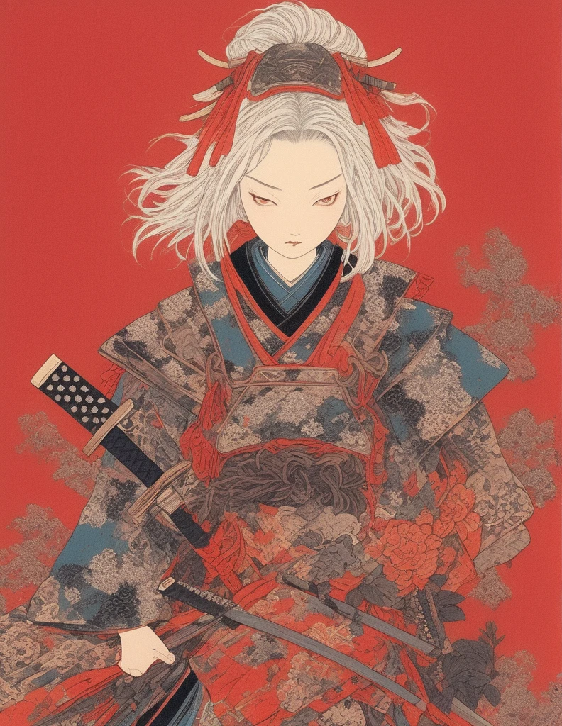 A vibrant and colorful illustration of an anime-style female samurai character with white hair, holding her sword in front of her face. She is wearing traditional Japanese adorned with floral patterns, a backdrop filled with colorful patterns representing ancient symbols and floral motifs. The background is richly detailed with geometric shapes that add depth to their figure's presence., creating a whimsical atmosphere. The background features bold colors and intricate designs that add to the overall visual appeal. This artwork showcases vivid hues, intricate details on both attire and armor, capturing movement as she walks forward in the style of intricate details on both attire and armor, capturing movement as she walks forward, in the style of takato yamamoto ,