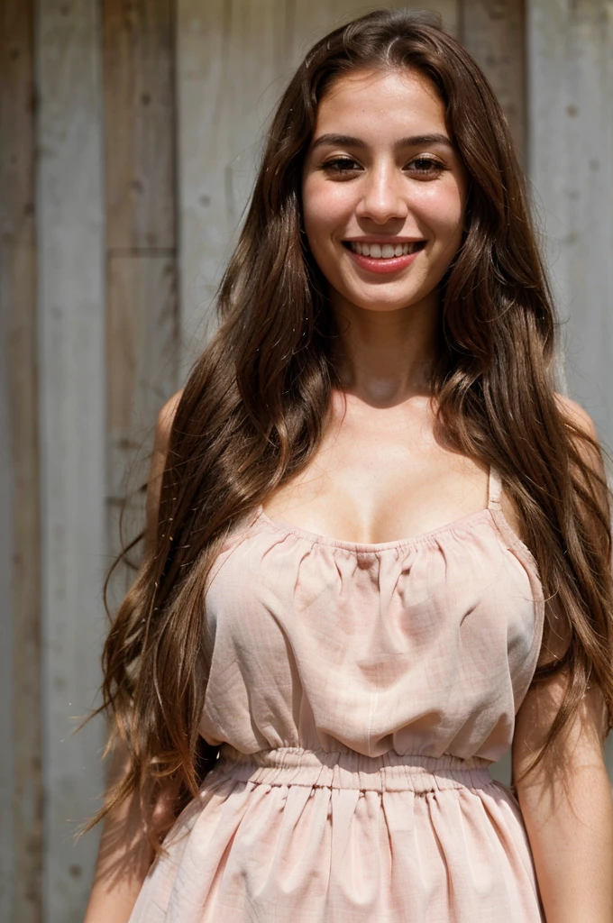 a photo-realistic portrait of a beautiful Palestinian woman with long brown hair, pink dress, white teeth, and a cute smile, with highly detailed and realistic facial features, modest expression, and realistic white skin tone
