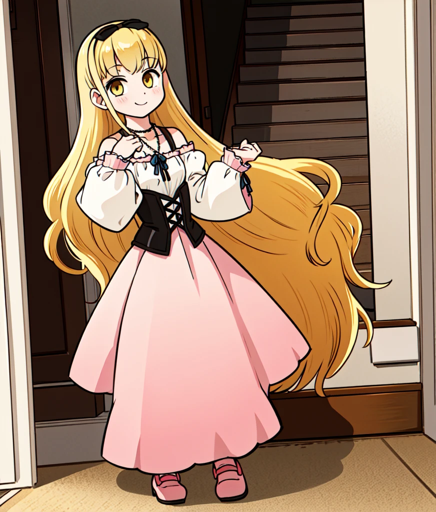 masterpiece, high res, detailed face, detailed eyes, 1 girl, solo, ((both hands up)), smile, blonde hair, long hair, ribbon, yellow eyes, pink dress. corset, necklace, long sleeves, full body. indoors, walking down the stairs, mansion  