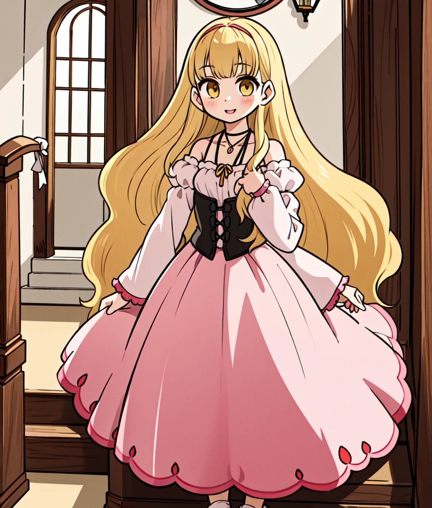 masterpiece, high res, detailed face, detailed eyes, 1 girl, solo, ((both hands up)), smile, blonde hair, long hair, ribbon, yellow eyes, pink dress. corset, necklace, long sleeves, full body. indoors, walking down the stairs, mansion  