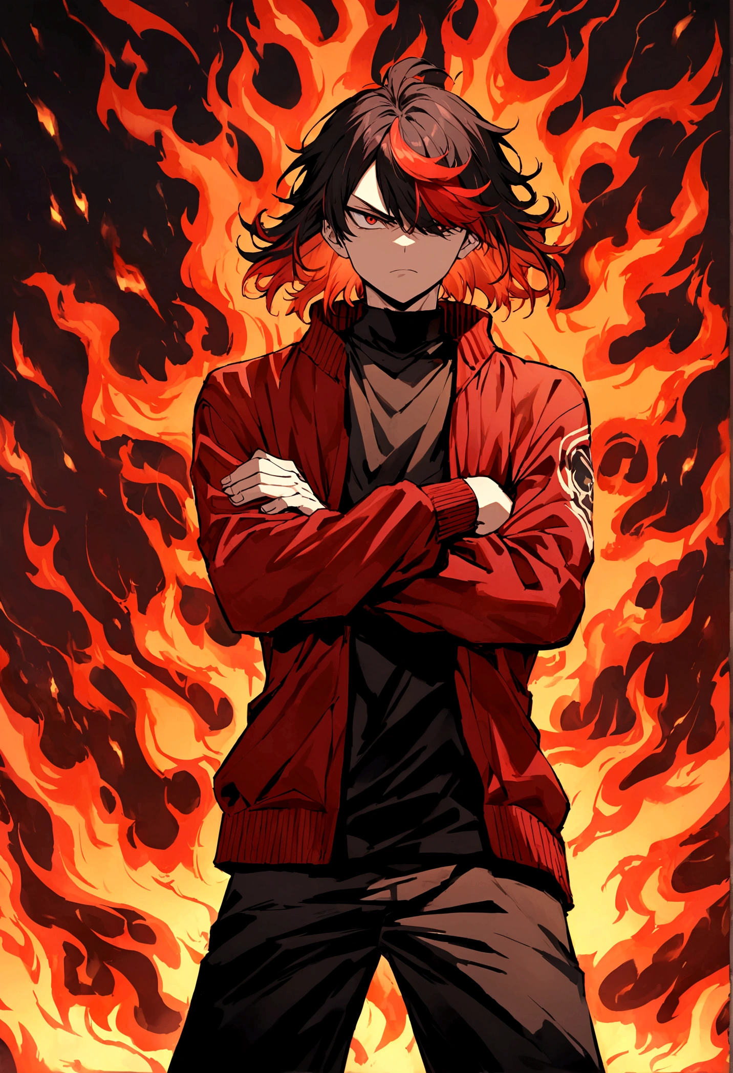 age boy, crossed arms, raised hair, Medium length hair, hair with bangs covering the left eye, multicolored black and red hair, flame effect hair, serious face, dark red eyes, black jersey, dark red loose jacket. Wide black pants, black and red sneakers, aura of flames around the character