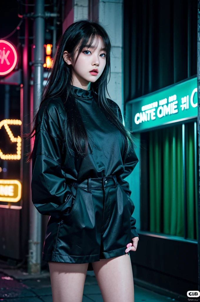 there is a woman standing in front of a neon sign, roseanne park of blackpink, trending on cgstation, a emo young girl, blue eyes, beauty face, long black and green hair, busted, goth outfit ajusted, captured on canon eos r 6, hd, high textures