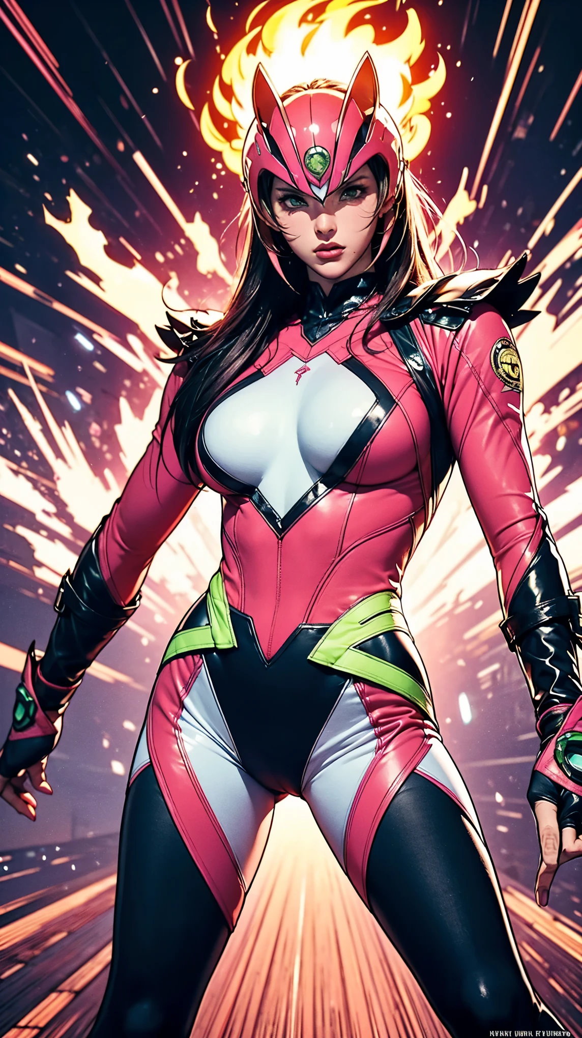 Solo, A brave and courageous image of a 6 member ranger team, Each one is decorated in vibrant colors such as:: ((Pink)), red is front of center, violet, Green, yellow, blue black, white,. Dynamic poses in a background that exudes energy and courage, neon, fire, plasma, Fluorescent, shocking, pink big bomber, splashing pink, running, fighting pose, action pose, Embodying the essence of the classic Sentai superhero team. Each Ranger:: The attire is sophisticated and modern, Each color has elements that reflect its theme., Ready for action. ((Camel Toe)), weapons, in sunset background , in cinematic lighting, cover art mixed cinema poster style,