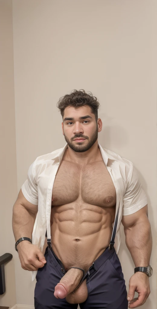 1boy, AdinAlpha, solo, facial hair,34 yrs old, fitness trainer, male focus, flaccid penis, pectorals, bara, muscular, mature male, muscular male, abs, beard, ring nipples, garter and suspenders, short hair, navel, stomach, large pectorals, thick eyebrows, bare pectorals, dark-skinned male, erection, thighs, erection under clothes, fancy suit, dark skin, tie, tight shirt, jacket, tight pants, grey business suit, pectoral cleavage, cowboy shot, cop agent uniform, feet out of frame, thick thighs, looking at viewer, masterpiece, 4k, high quality, highres, absurdres,