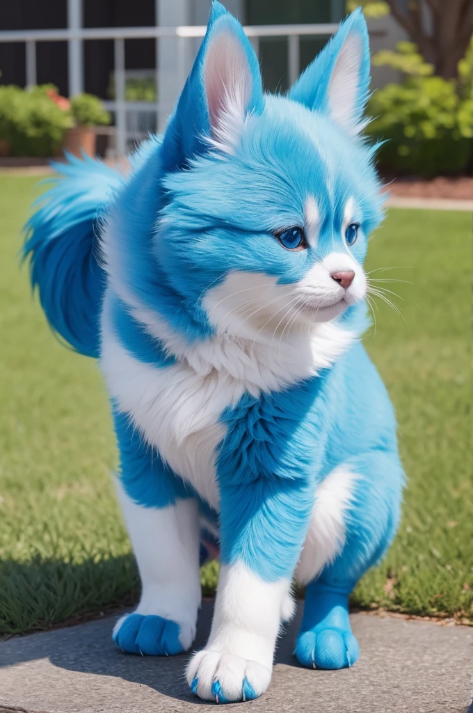 Pet mascot illustration, in blue color, ele esta feliz, from front view