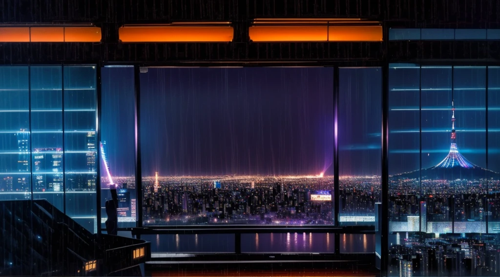 arafed view of a city at night from a window, set in tokyo rooftop, tokyo anime scene, heavy rainning at tokyo night, tokyo background, on future tokyo night rooftop, japan at night, tokyo in the background, on rooftop tokyo night, tokyo futuristic and clean, tokyo japan, neo tokyo background, japanese city at night, tokyo futuristic in background, reality photographic quality, masterpiece,