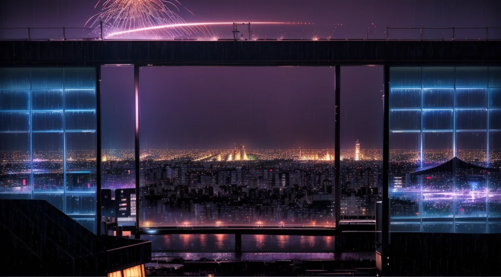 arafed view of a city at night from a window, set in tokyo rooftop, tokyo anime scene, heavy rainning at tokyo night, tokyo background, on future tokyo night rooftop, japan at night, tokyo in the background, on rooftop tokyo night, tokyo futuristic and clean, tokyo japan, neo tokyo background, japanese city at night, tokyo futuristic in background, reality photographic quality, masterpiece,