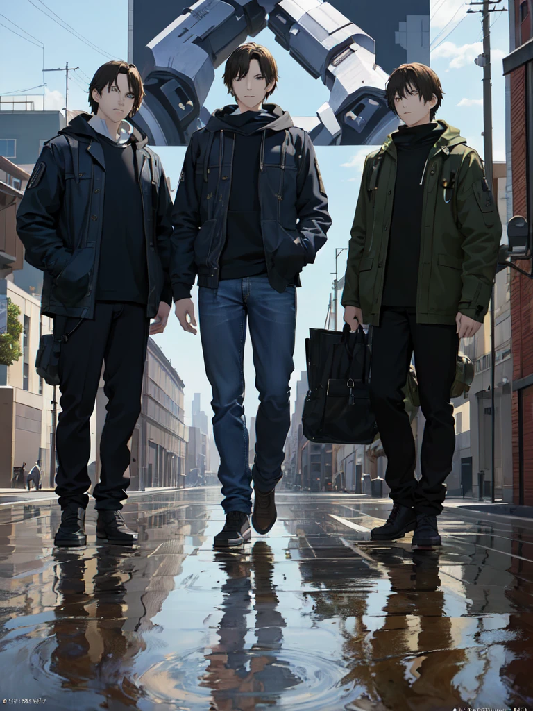 ((masterpiece:1.2, best quality)),movie,official art, promotional art,movie wallpaper,white background,full body,concept art,turnaround,reference sheet,production art,background,outdoor,original,raw photo,highres, (realistic, photo-realistic:1.2), ultra detailed, physically-based rendering,1boy,machinery, puddle, reflection,