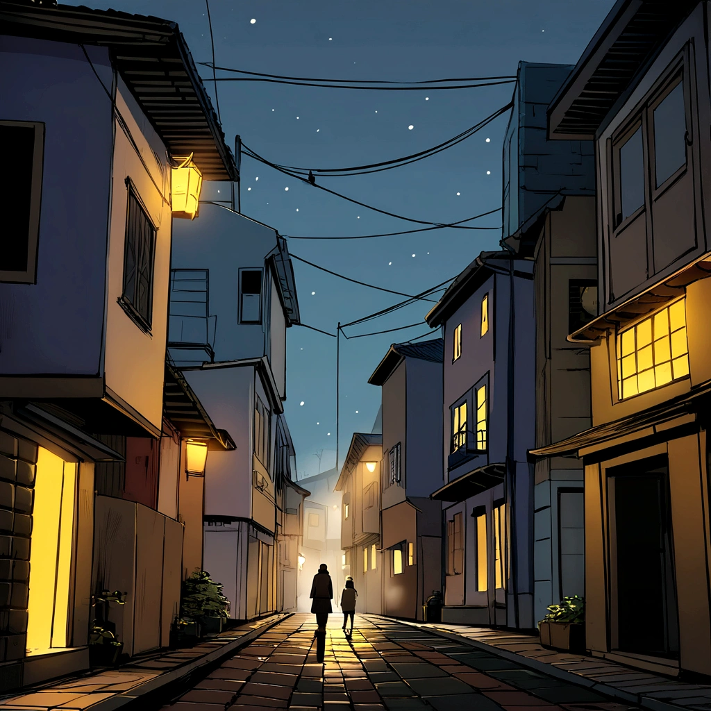 Create a scene, at night, on a dark street inspired by the streets of Rio de Janeiro, lit only by the yellow light of a distant streetlight. the street tiles are wet and fog hangs in the air. The street is deserted, only one man stands out in the landscape. A man wears white warm clothes and black hair. A walking cat on the wall of one of the houses. (the scene needs to have a noir atmosphere)