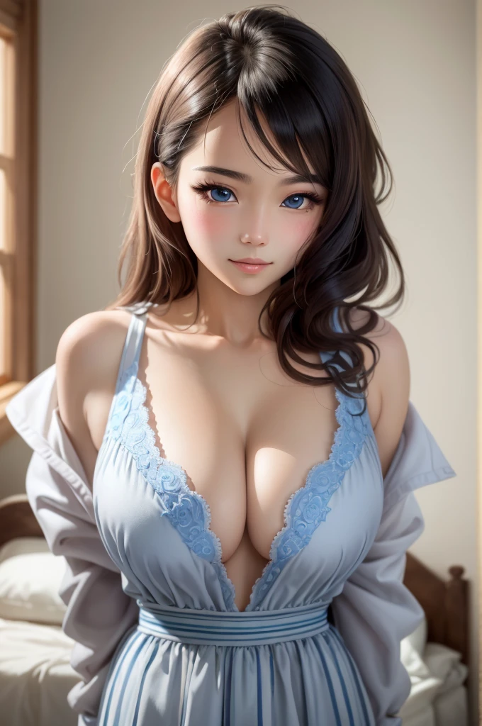 (blush:1.0),(masutepiece:1.2),(Photorealistic:1.4),(ulzzang-6500:1.0),4K,ultra res, 1girl in,Solo, Full body, looking in camera, Large breasts, (finely detailed  eyes and detailed face:1.5),blush、Safiane Blue Eyes、Gentle smile、A little embarrassed、Constricted waist、Noticed、I looked back for a moment、nude 、early evening、Meet face to face in the bed room, cleavage of the breast