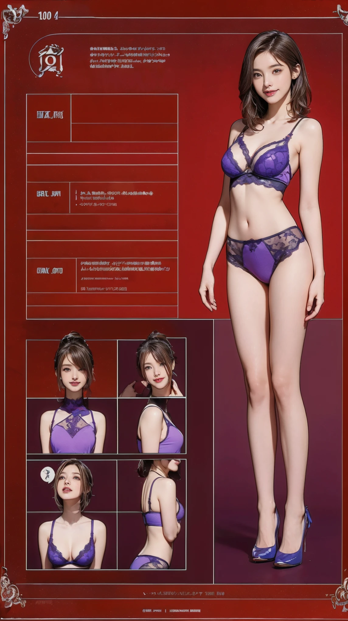 10:24:23
((masterpiece)),(((Highest quality))),((Reference Sheet, Character Design)), Highest quality,masterpiece,Ultra-high resolution,Original photo,Ultra-high resolution,Three beautiful women,Flashy makeup using red eyeshadow,Big smile,Short cut with side waves,Wearing purple lace bra and panties,
