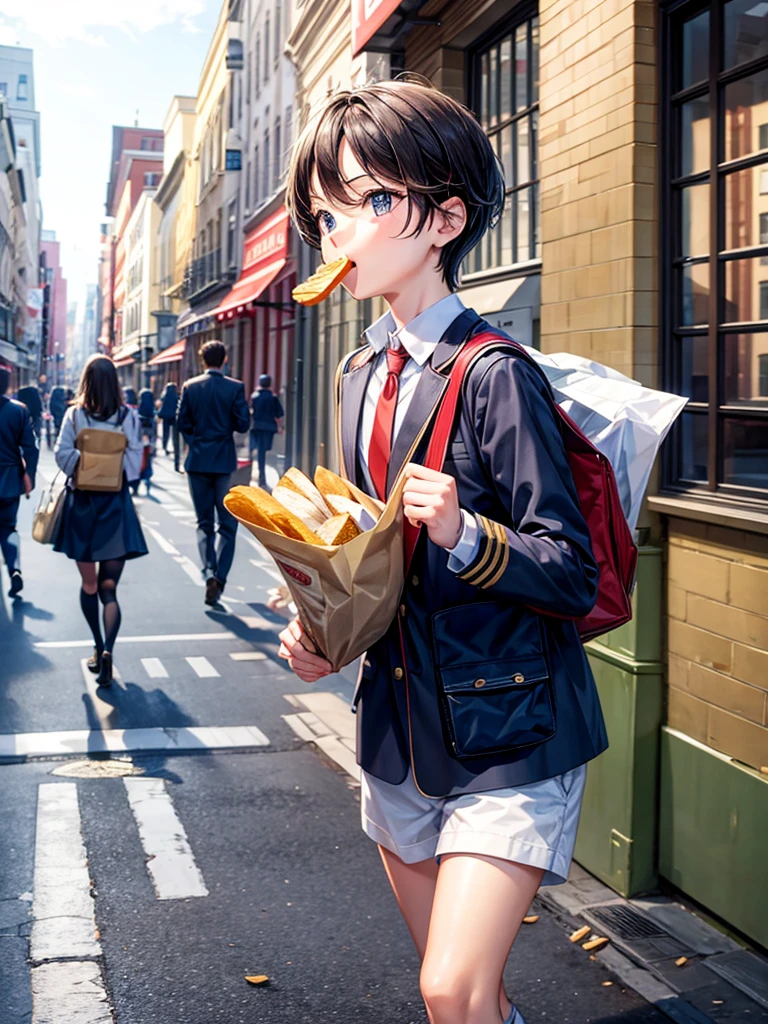 Highest quality,Highest Resolution,1A student in uniform running through the city with a slice of bread in his mouth,Holding a bag in your hand,