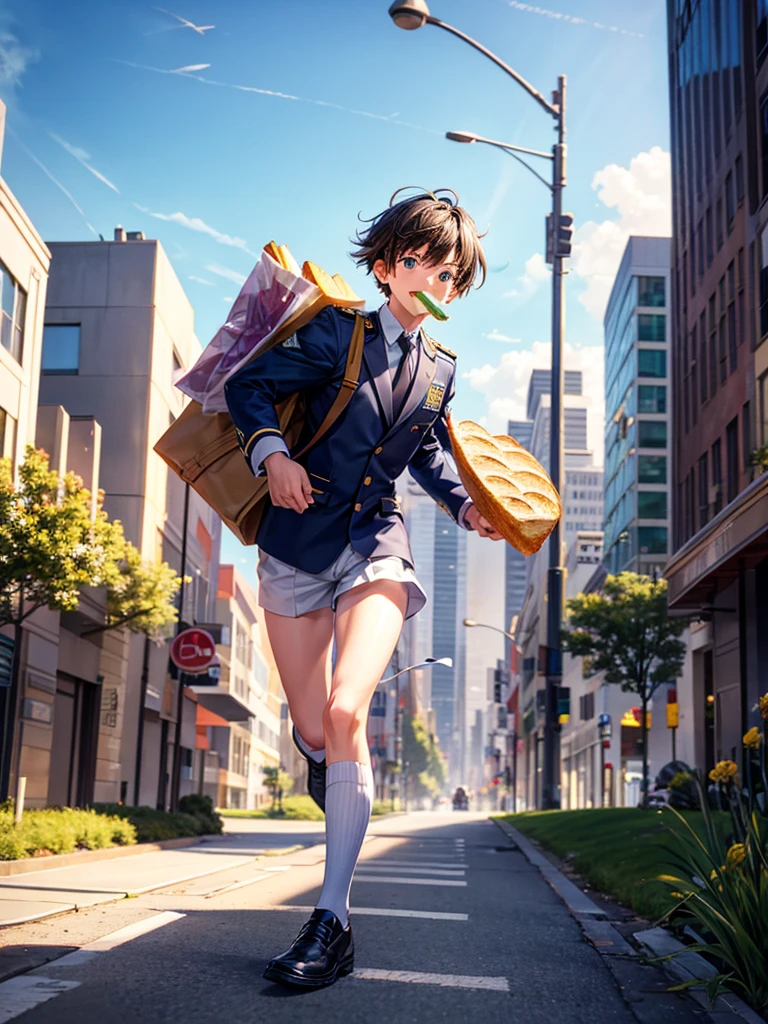 Highest quality,Highest Resolution,1A student in uniform running through the city with a slice of bread in his mouth,Holding a bag in your hand,