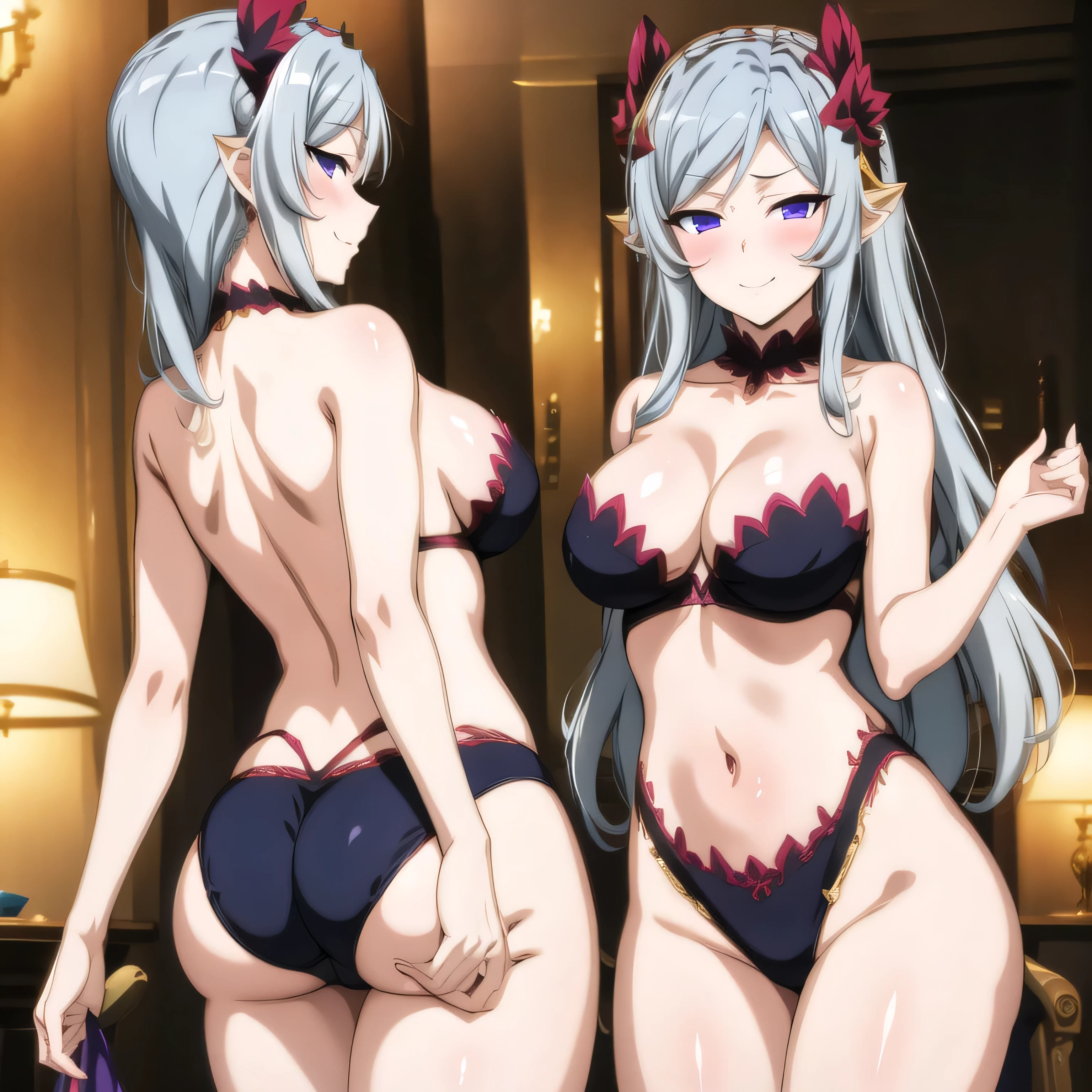 (masterpiece, best quality:1.2), 1girl, solo, female, silver hair, long hair, Violet eyes, 170 cm, 5'7", freya from danmachi, silver hair, hair ornament, swept bangs, choker, bare shoulders, cleavage, medium breasts, navel, mature female, rounded breasts, freya, seductive smile, standing, vivid colors, vivid, perfect face, perfect eyes, shining breasts, close the camera, ass, from behind, ass, behind, ass support, lingerie, black lingerie, black panties, black bra, bra, panties