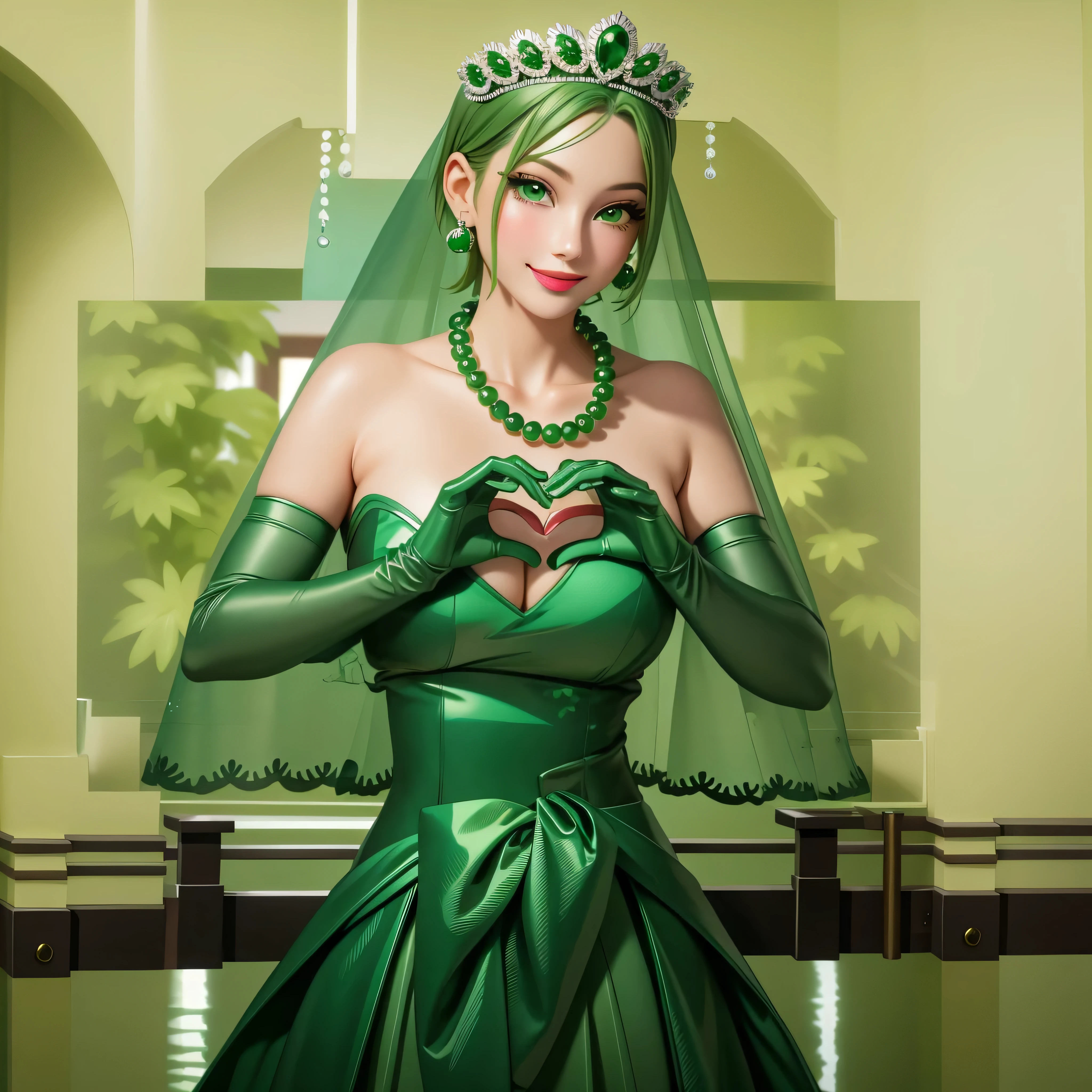 emerald tiara, Green Pearl Necklace, Boyish very short green hair, Green Lips, Smiling Japanese woman, Very short hair, Busty beautiful lady, Green Eyes, Green satin long gloves, Green Eyes, Emerald Earrings, Green veil, Heart with both hands, Green Hair, Beautiful Japanese Women, Heart shaped hands:1.3, green lip gloss