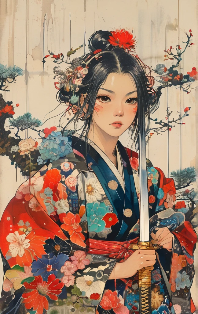 A vibrant and colorful illustration of an anime-style female samurai character with white hair, holding her sword in front of her face. She is wearing traditional Japanese adorned with floral patterns, a backdrop filled with colorful patterns representing ancient symbols and floral motifs. The background is richly detailed with geometric shapes that add depth to their figure's presence., creating a whimsical atmosphere. The background features bold colors and intricate designs that add to the overall visual appeal. This artwork showcases vivid hues, intricate details on both attire and armor, capturing movement as she walks forward in the style of intricate details on both attire and armor, capturing movement as she walks forward, in the style of takato yamamoto ,