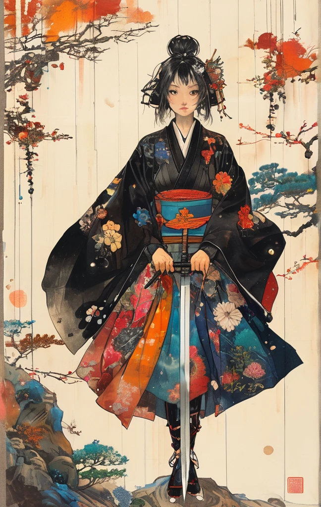 A vibrant and colorful illustration of an anime-style female samurai character with white hair, holding her sword in front of her face. She is wearing traditional Japanese adorned with floral patterns, a backdrop filled with colorful patterns representing ancient symbols and floral motifs. The background is richly detailed with geometric shapes that add depth to their figure's presence., creating a whimsical atmosphere. The background features bold colors and intricate designs that add to the overall visual appeal. This artwork showcases vivid hues, intricate details on both attire and armor, capturing movement as she walks forward in the style of intricate details on both attire and armor, capturing movement as she walks forward, in the style of takato yamamoto ,