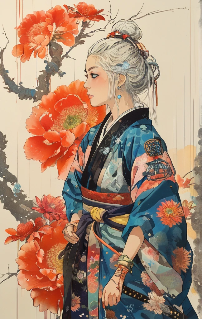 A vibrant and colorful illustration of an anime-style female samurai character with white hair, holding her sword in front of her face. She is wearing traditional Japanese adorned with floral patterns, a backdrop filled with colorful patterns representing ancient symbols and floral motifs. The background is richly detailed with geometric shapes that add depth to their figure's presence., creating a whimsical atmosphere. The background features bold colors and intricate designs that add to the overall visual appeal. This artwork showcases vivid hues, intricate details on both attire and armor, capturing movement as she walks forward in the style of intricate details on both attire and armor, capturing movement as she walks forward, in the style of takato yamamoto ,