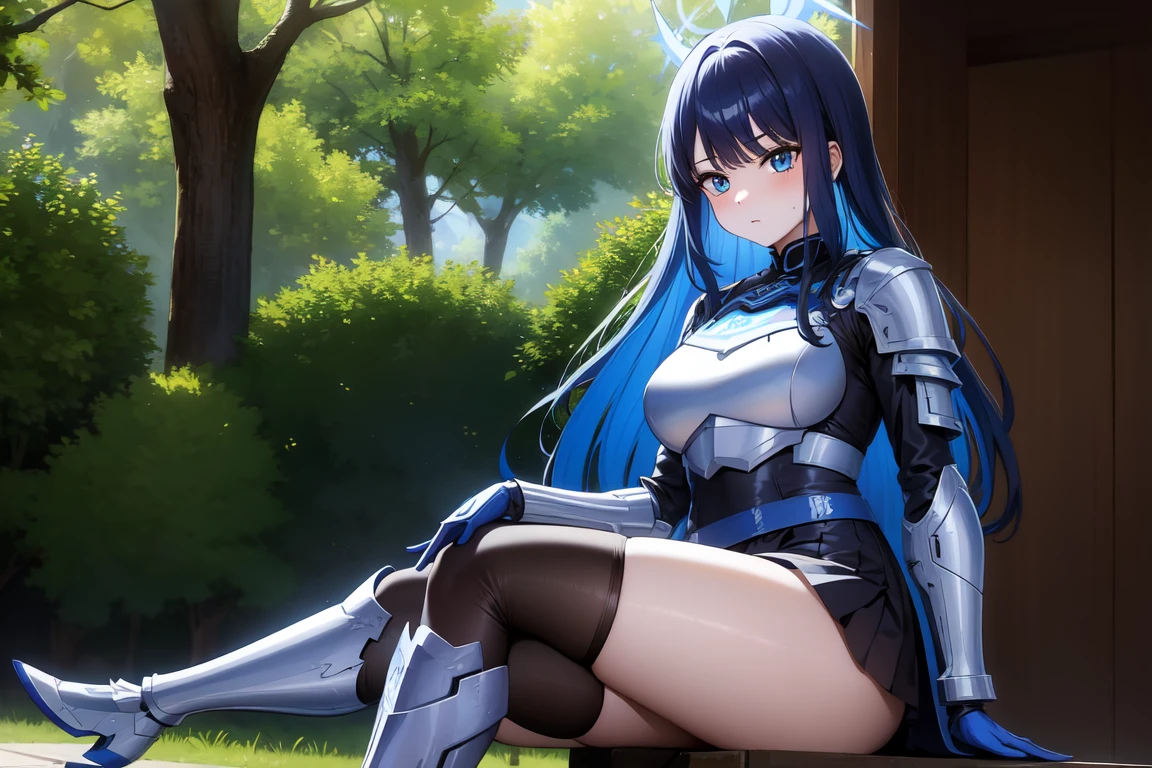 1girl,solo, saorijoumae, saori joumae, blue eyes, blue hair, halo, long hair, sitting, looking at viewer, adventurer clothes, light armor, horns, outdoors