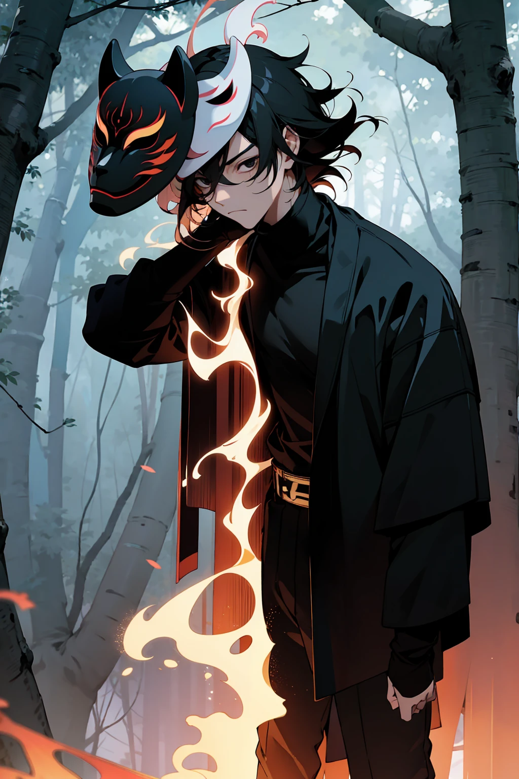 1male , Black Hair , Black Eyes , Serious Expression,  Male , Black Longsleeve Shirt, Fitted Clothing , Black Turtleneck , Bright Lightning , Forest Background , Standing on path , Mask , Mask on Face