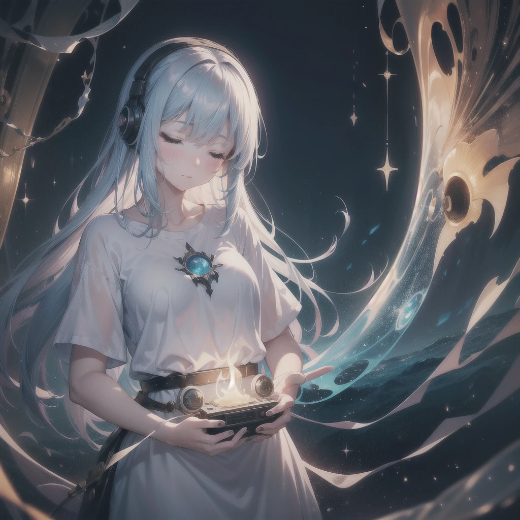 A young woman is captivated by an old radio, whose face reflects a mixture of wonder and enchantment. The radio emits a soft, ethereal glow, symbolizing her magical allure. long white transparent t-shirt, symbolizing her heightened sensory experience as she listens intently. The setting is surreal, with dark, macabre colors and abstract shapes representing the ether into which she is being drawn. Her eyes are closed, emphasizing her deep connection with sounds. In the background, there are hints of distant places, symbolizing his secret desire to travel through the ether. The image is rich in vibrant details, creating a dreamlike and mystical atmosphere.
