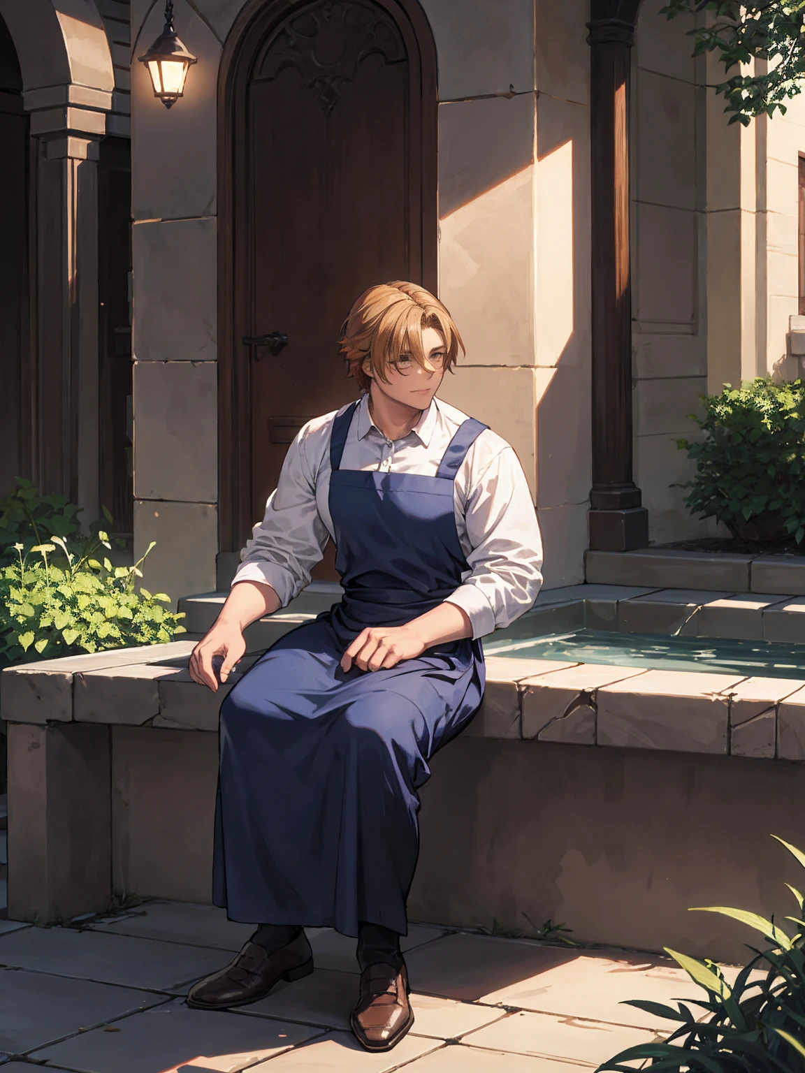 A man sitting in the garden, Wearing an apron, Very detailed, Weeks , 1900s, cartoon, Gorgeous lighting, illuminate