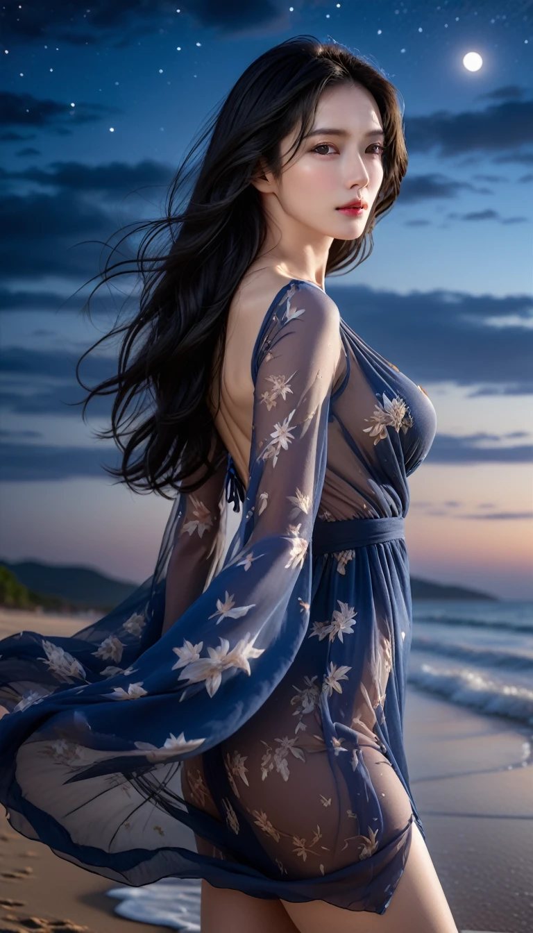 4K resolution, 8K resolution, beautiful, Highest quality, Absolutely wonderful, Very detailed, Ultra-high resolution, masterpiece, RAW Photos, Realistic, Depth of written boundary, Cinematic Light, 
One elegant mature woman, 
Long black hair, 精巧なディテールのbeautiful顔, Sensual look, Heavy eye make-up, Transparent white skin, Very sensitive skin, Great proportions, Glamorous Body, Anatomically correct body, 
elegant beach dress, Summery design, Beautifully detailed pattern, Detailed cloth texture, 
(Night sky background:1.1), (Dark sandy beach at night:1.1),
beautiful後ろ姿, Cinematic Angle, 