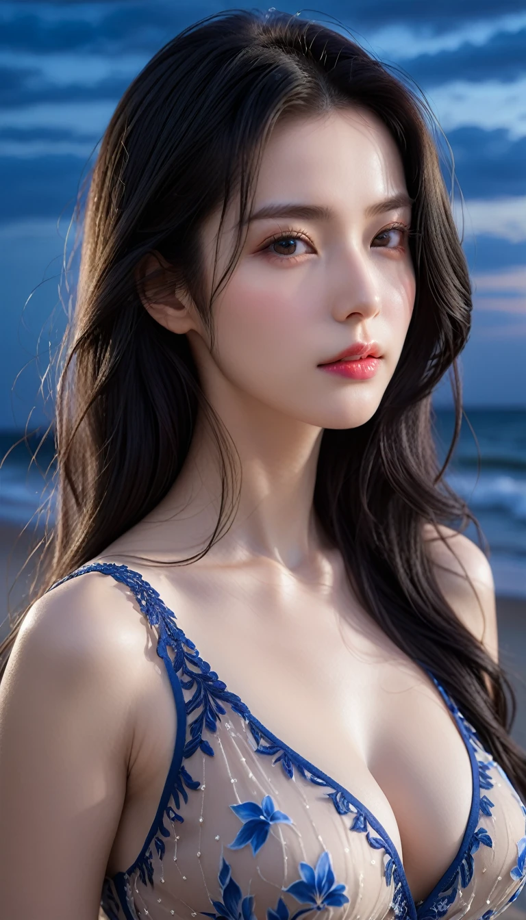 4K resolution, 8K resolution, beautiful, Highest quality, Absolutely wonderful, Very detailed, Ultra-high resolution, masterpiece, RAW Photos, Realistic, Depth of written boundary, Cinematic Light, 
One elegant mature woman, 
Long black hair, 精巧なディテールのbeautiful顔, Sensual look, Heavy eye make-up, Transparent white skin, Very sensitive skin, Great proportions, Glamorous Body, Anatomically correct body, 
elegant beach dress, Summery design, Beautifully detailed pattern, Detailed cloth texture, 
(Night sky background:1.1), (Dark sandy beach at night:1.1),
beautiful後ろ姿, Cinematic Angle, 