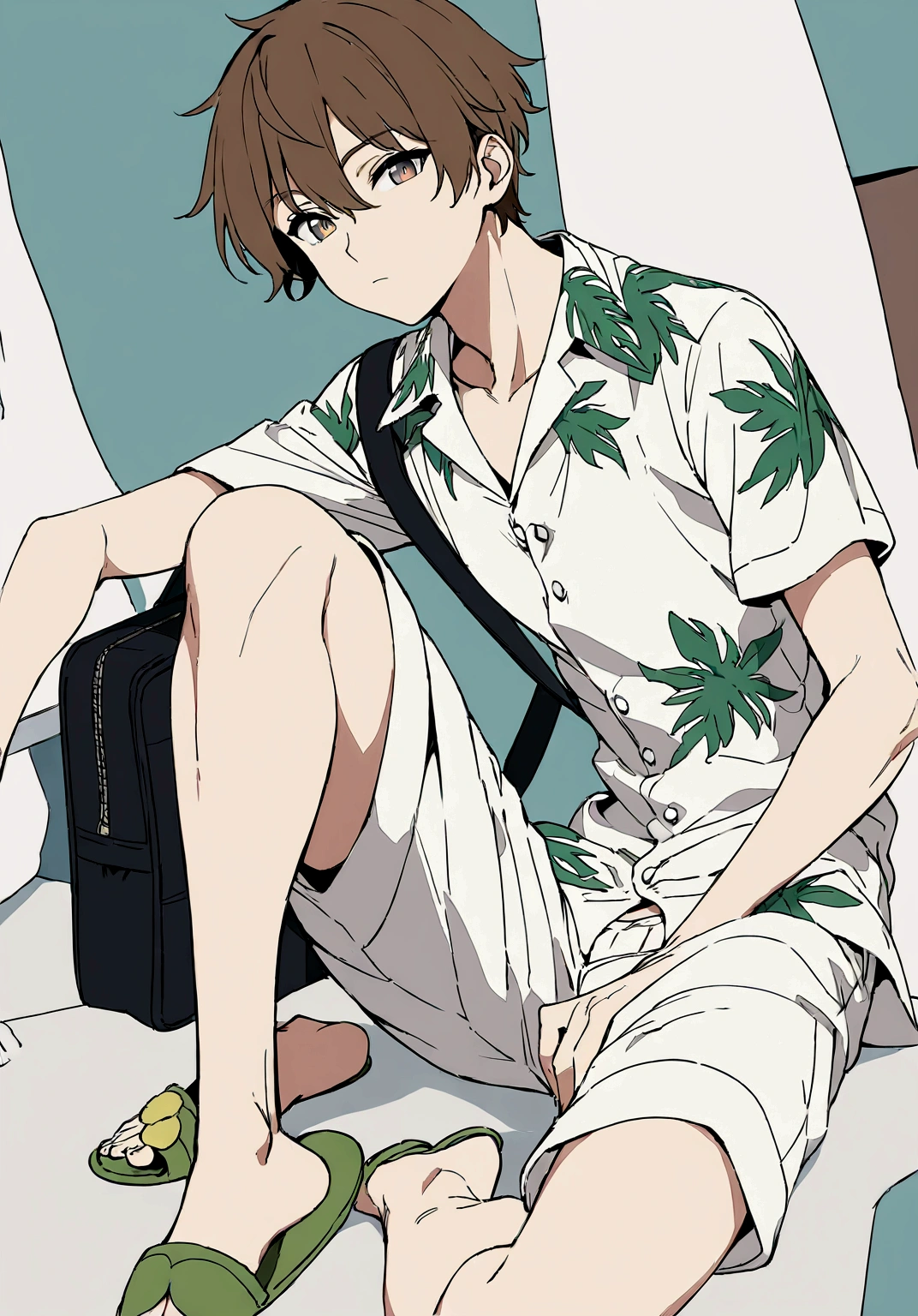 Masterpiece, High quality, High quality of art, best quality, anime lineart, 1man, fluffy brown hair, gray-green-brown eyes, Skinny, white Hawaiian shirt, light lime t-shirt, white shorts, dark green slippers, black shoulder bag