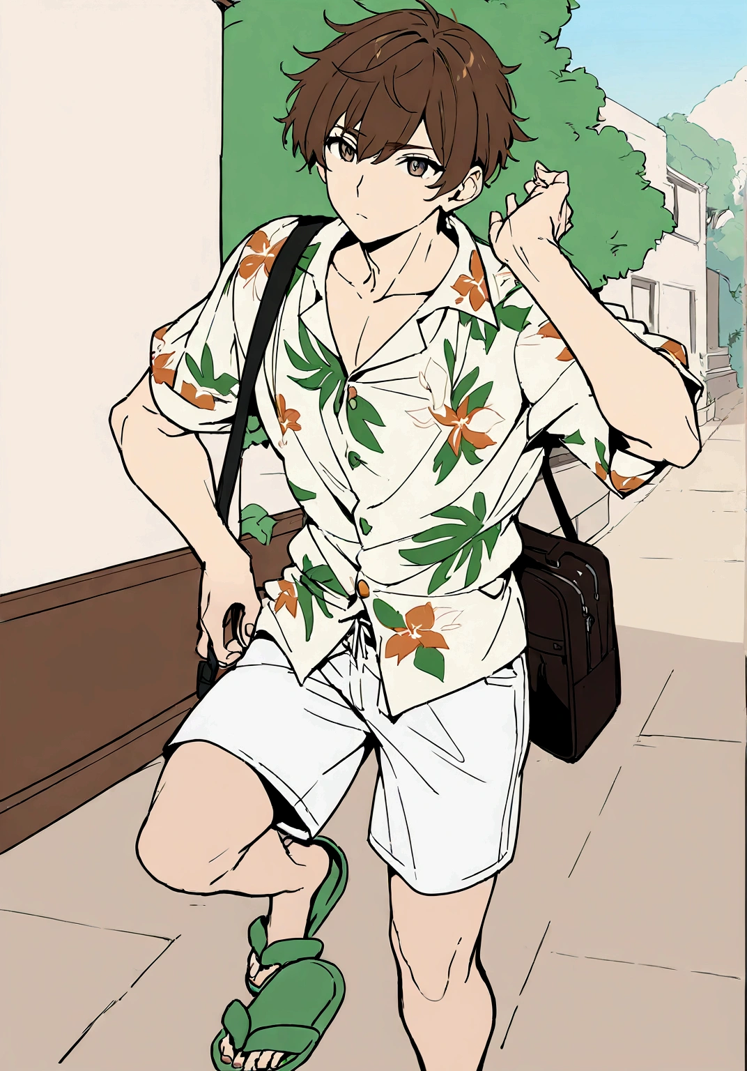 Masterpiece, High quality, High quality of art, best quality, anime lineart, 1man, fluffy brown hair, gray-green-brown eyes, Skinny, white Hawaiian shirt, light lime t-shirt, white shorts, dark green slippers, black shoulder bag