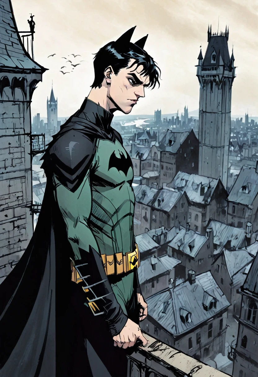 Generate art, pop culture style genre DC comics Batman type, drawning,
break,
A 20 year old young man, medium straight black hair, dark green eyes, DC vigilante dress, looking gloomy while looking down from a tower at a gothic-style city, Dark clothes,
break,
best angle, best view