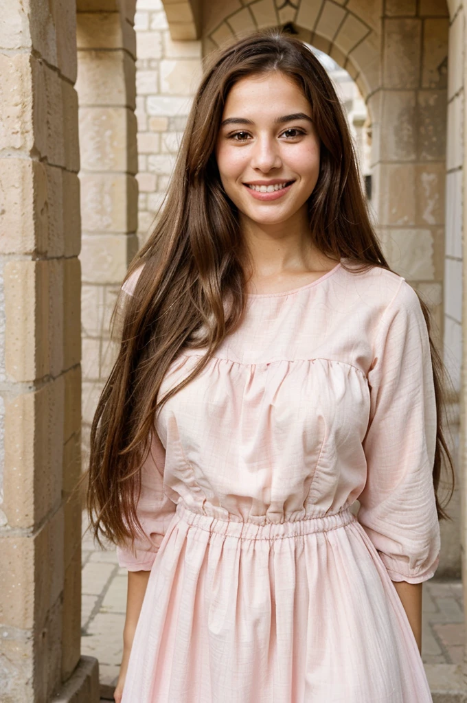 a photo-realistic portrait of a beautiful Palestinian woman with long brown hair, pink dress, white teeth, and a cute smile, with highly detailed and realistic facial features, modest expression, and realistic white skin tone