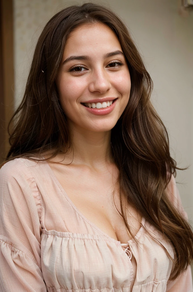 a photo-realistic portrait of a beautiful Palestinian woman with long brown hair, pink dress, white teeth, and a cute smile, with highly detailed and realistic facial features, modest expression, and realistic white skin tone