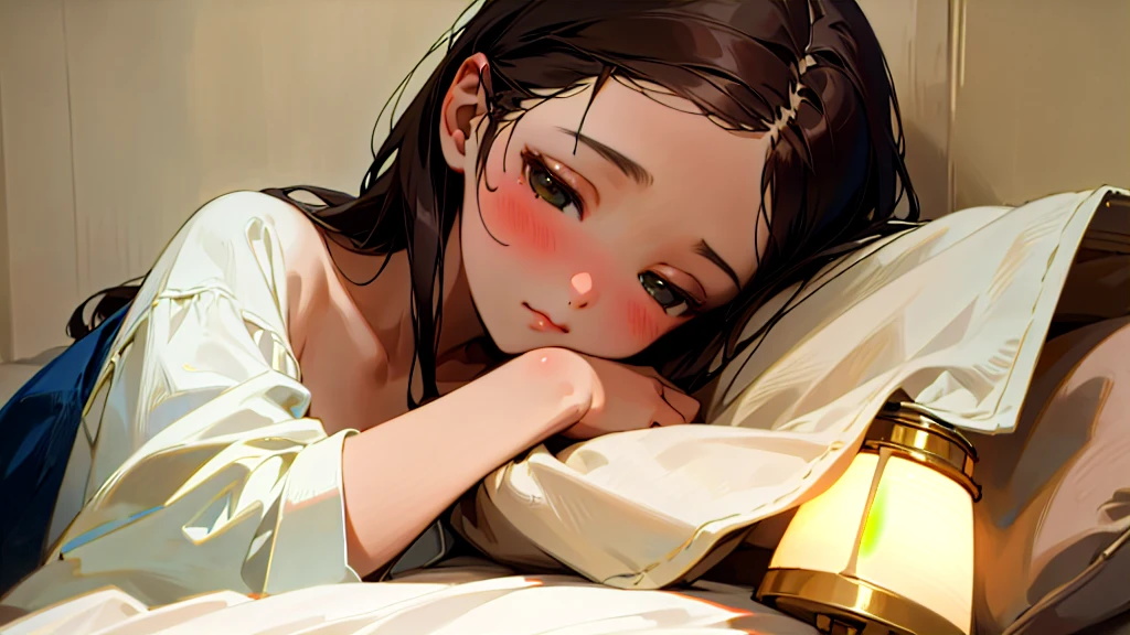 (Highest quality, masterpiece, Ultra-realistic), Beautiful and delicate１５Year-old girl portrait, With a calm and gentle expression, The background is the bedroom at home.。While listening to music with headphones、Sleeping。The room is dimly lit、The light from the bedside lamp is faint。