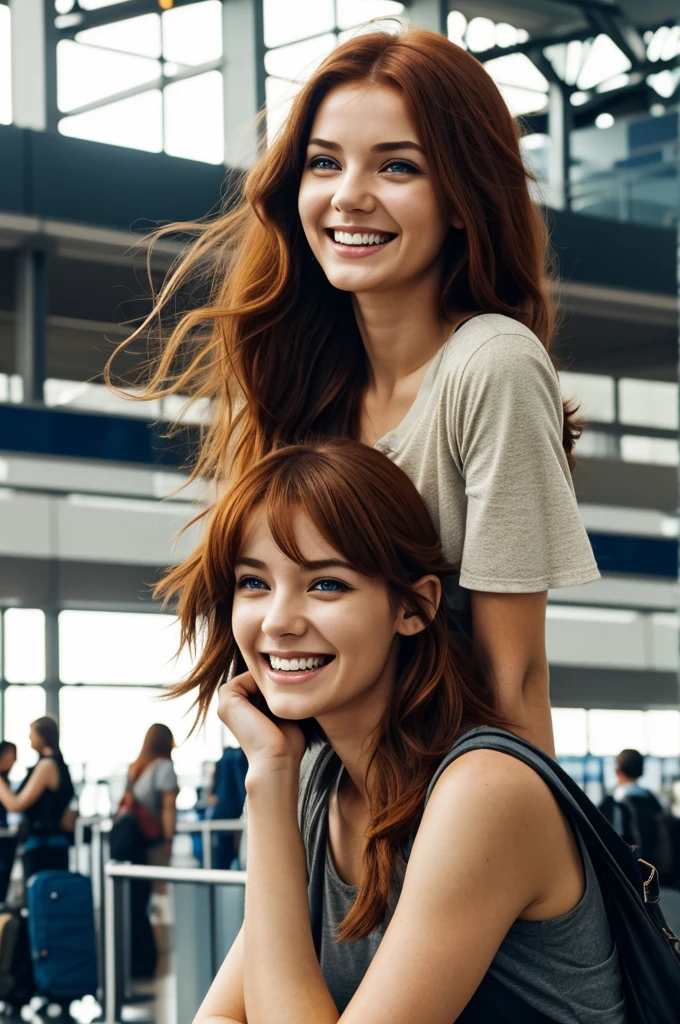 1girl, solo, asymmetrical, airport, indoors, light, arm at side, 1 girl, adult (elven:0.7) woman, coral eyes, auburn textured hair, ombre,, laughing, black top