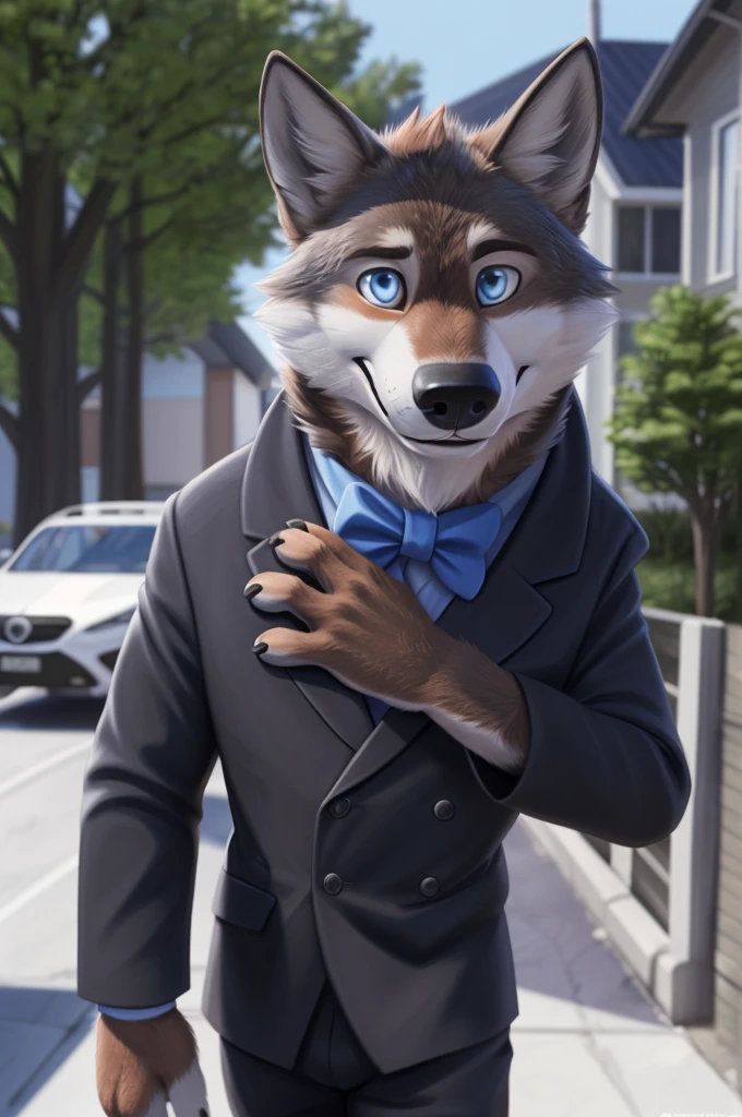 Larry (Zveropolis), wolf, Gray Fur, (brown body:1.3), beautiful blue eyes, Zveropolis, dressed,blazer,shirt bow tie,trousers, canine,wolf, detailed fur, male, second, paw pads, finger claws, viewer, 5 fingers, paws, 4 toes,holds, times, close to the camera,
BREAK from nextel, for dating, by xenoforge, (difficult, high detail,digital photography, soft focus, RAW, close to the camera, smile, positive, Good, mood, Houses, смотрит на viewer, очень close to the camera, goes on a date, 
Photorealism, realistic, photorealistic,digital style, Subsurface scattering,очень close to the camera кольцо на пальце руки,
masterpiece, Best quality, ultra realistic, 8 thousand.)
