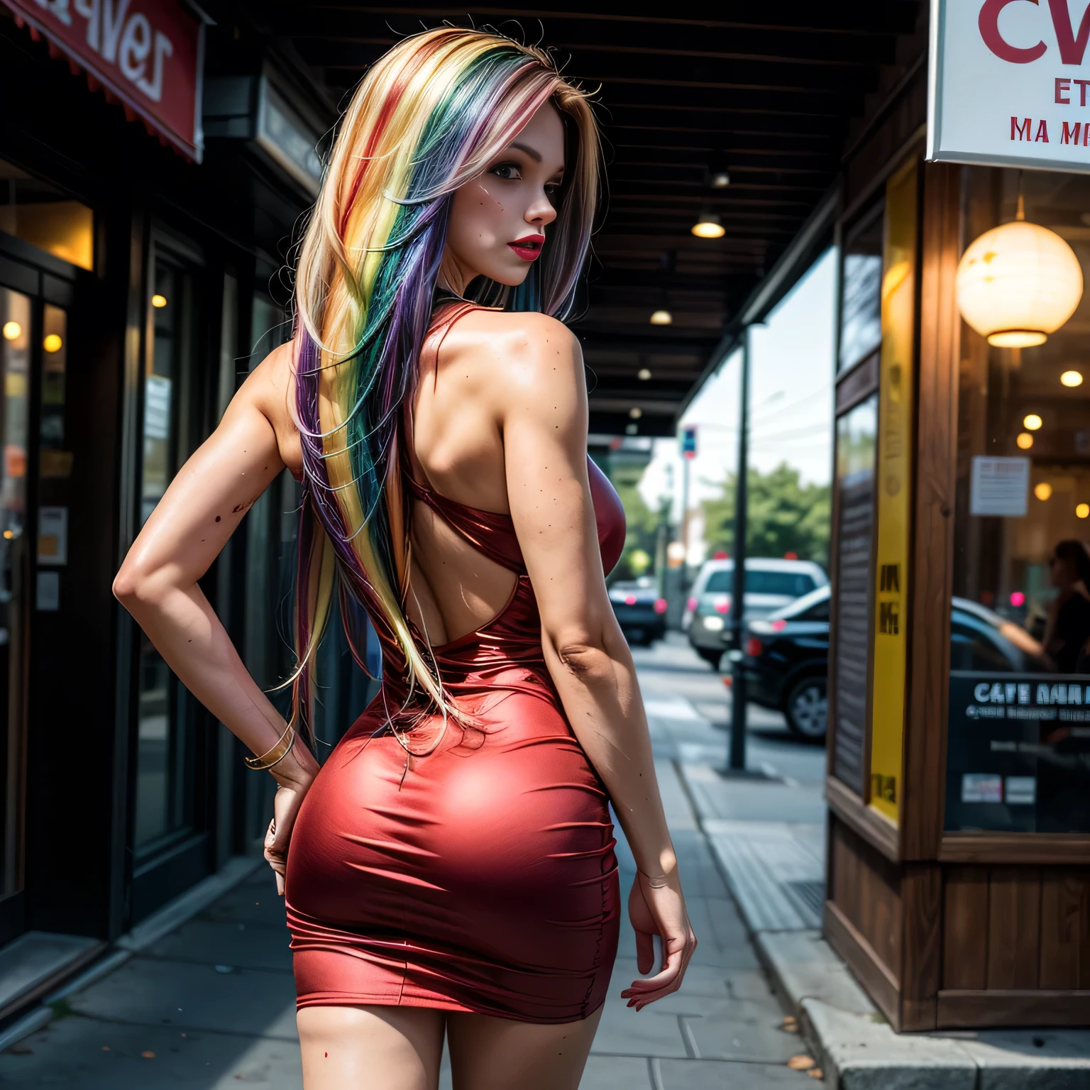 (masterpiece, photorealistic:1.4, extremely intricate:1.3, radiosity, photon mapping, dtx), ((20 year old athletic teenage supermodel, (serious, long eyelashes, makeup:1.2), red silk summer dress, ((from behind, rear view)), red lips)), ((([skin detail:freckles:0.5], portrait))), outdoor, crowded street, restaurant, coffee, professional photograph, (((long curly [blonde hair:rainbow colored hair:0.1])), wind), BREAK ((sunset, ((film grain))), bokeh), BREAK, ((([medium breasts:large breasts:0.7])))