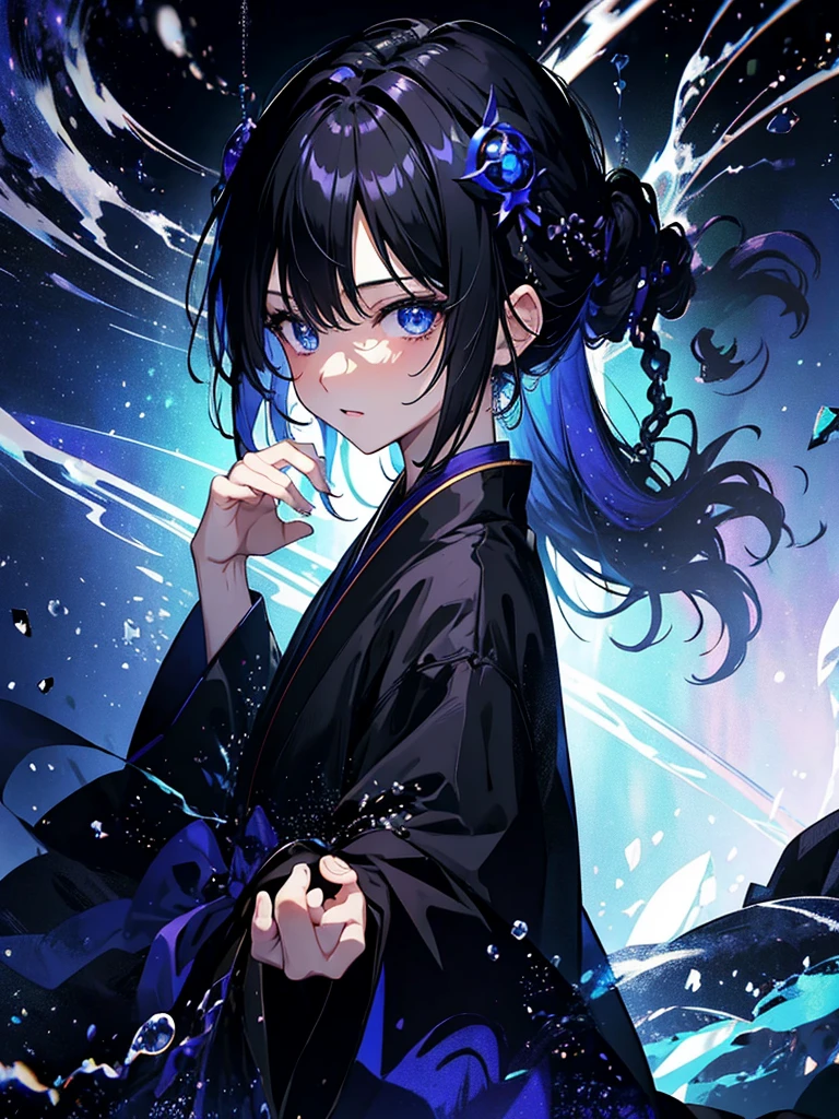 セクシーなドレスを着ています、エッチです、25-year-old girl、Rune background、black magician、Wearing a black robe、mesmerize、cute woman、Elegant hairstyle、indigo hair color、Slightly shorter hair、blue eyes、look at the viewer、masterpiece、Best image、