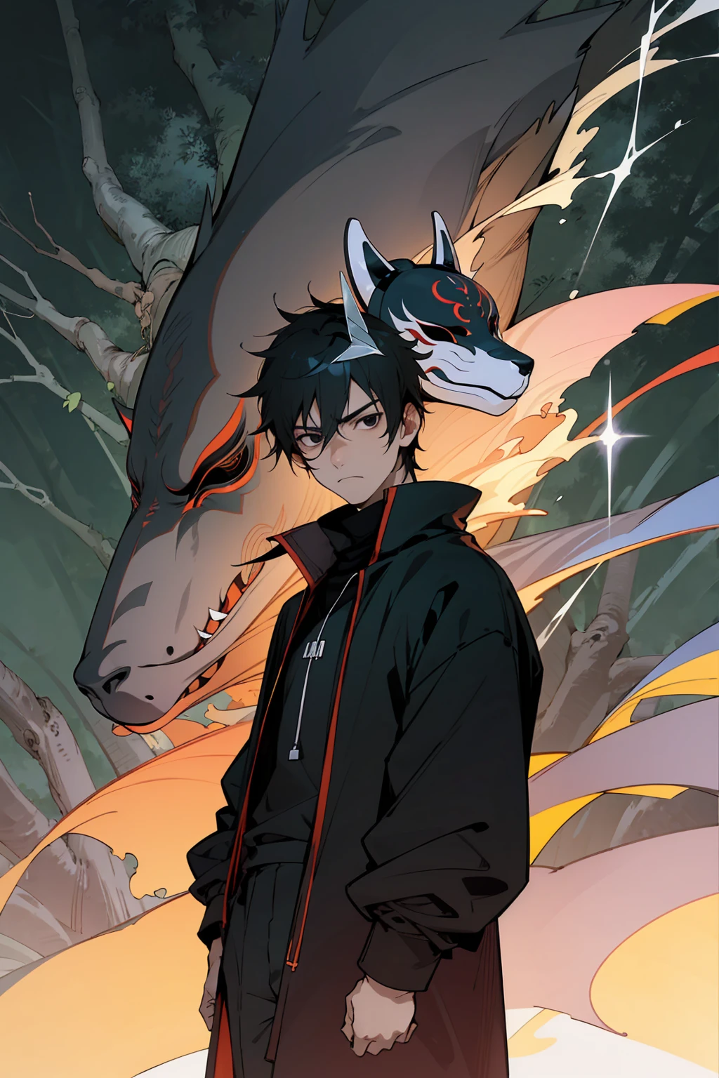 1male , Black Hair , Black Eyes , Serious Expression,  Male , Black Longsleeve Shirt, Fitted Clothing , Black Turtleneck , Bright Lightning , Forest Background , Standing on path , Mask , Mask on Face