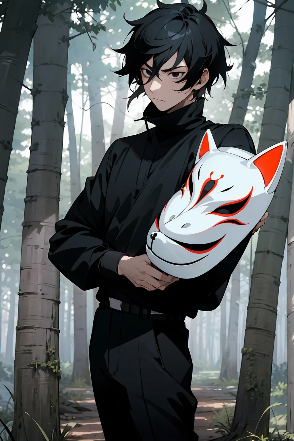 1male , Black Hair , Black Eyes , Serious Expression,  Male , Black Longsleeve Shirt, Fitted Clothing , Black Turtleneck , Bright Lightning , Forest Background , Standing on path , Mask , Mask on Face