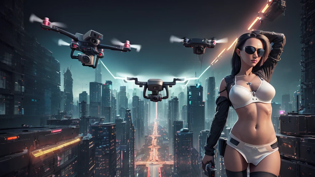 20-year old large-breast woman with cleavage:1.4, 1woman, solo, 3D neon art of a woman's body, (((((matrix style black micro sunglasses, black bra and very short black miniskirt, white G-string panty))))), (((aiming with a short gun))), (looking at camera), aerial view of blade runner neon-noir city background, (((1drone above city))), perfect composition, beautiful detailed intricate insanely detailed octane render trending on artstation, 8K artistic photography, photorealistic concept art, soft natural volumetric cinematic perfect light, chiaroscuro, award-winning photograph, masterpiece, oil on canvas, Raphael, Caravaggio, Greg Rutkowski, Beeple, Beksinski, Giger