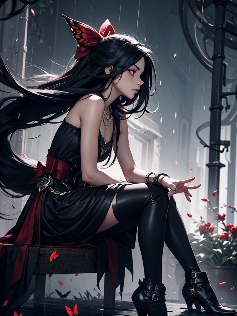 Close-up of girl, from side, sitting, blood, Very long hair, flipped hair, eyes visible through hair, hair over shoulder, white and black hair, two-tone hair, floating hair, Beautiful face, gloom expression, closed mouth, deep red eyes, white skin, Butterfly with body, hair bow, gem necklace, black Wings, bracelet, flower, beautiful detailed black gothic Empire Waist Dress, black footwear, torn clothes, Black markings print cloth, black Clothes, falling petals, fog, It was raining hard at night, extremely detailed, absurdres, wallpaper 8k CG,, lineart, monochrome