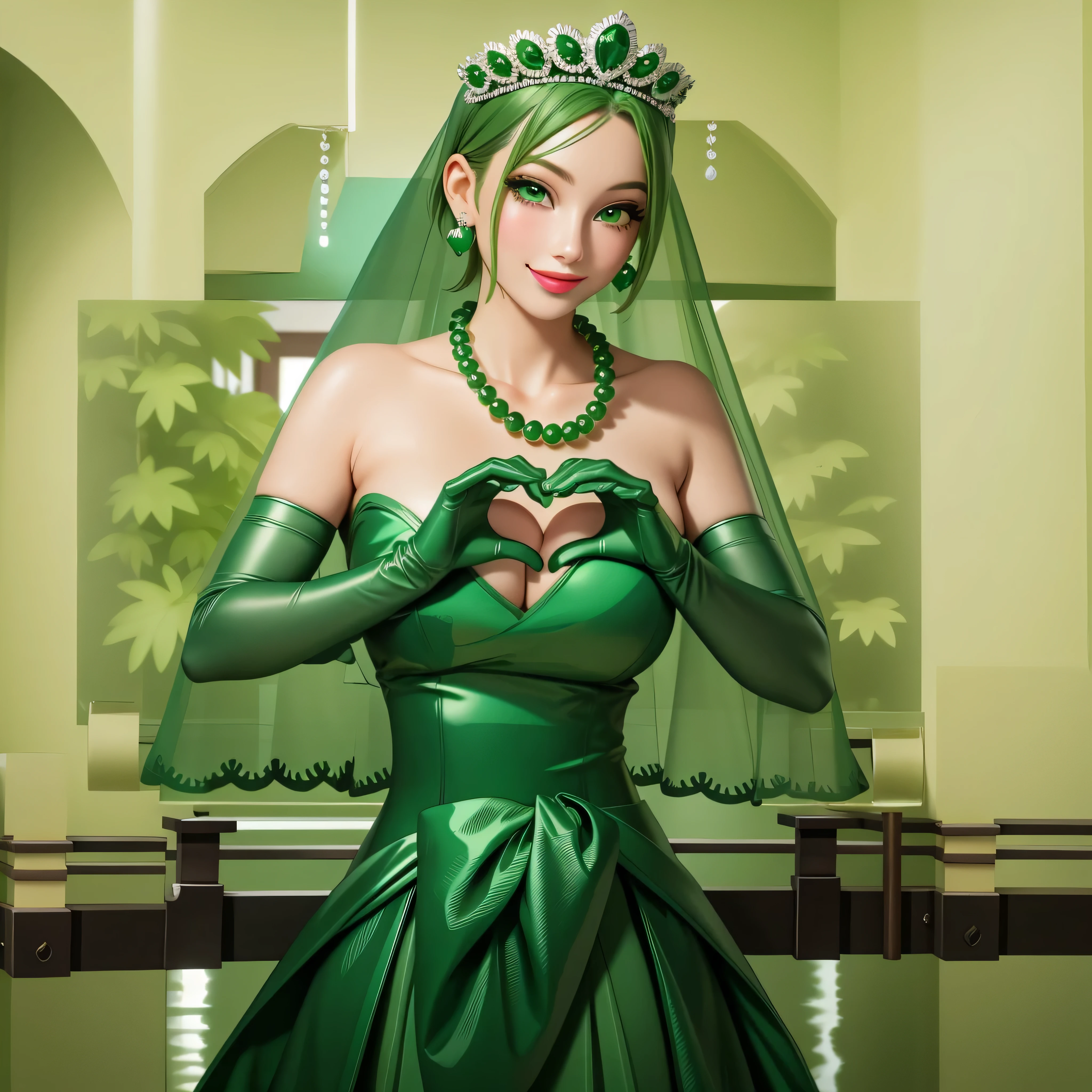 emerald tiara, Green Pearl Necklace, Boyish very short green hair, Green Lips, Smiling Japanese woman, Very short hair, Busty beautiful lady, Green Eyes, Green satin long gloves, Green Eyes, Emerald Earrings, Green veil, Heart with both hands, Green Hair, Beautiful Japanese Woman, Heart shaped hands:1.3, green lip gloss
