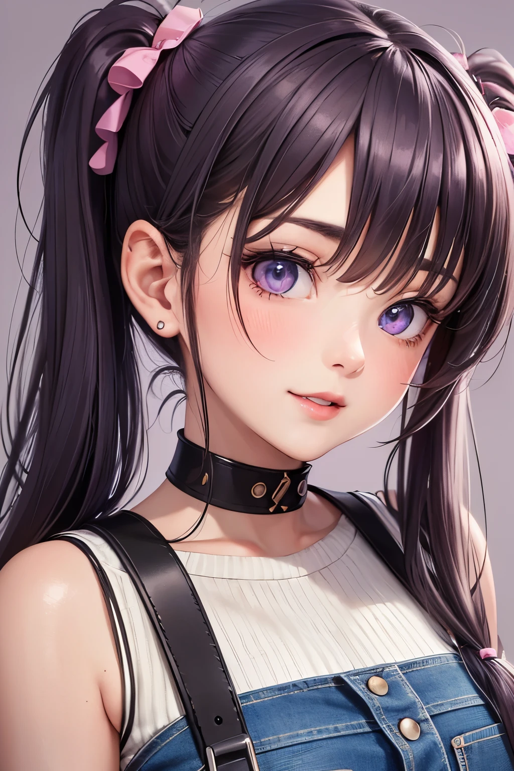 masterpiece, best quality, highly detailed, high resolution, expensive resolution, high resolution, 4k, 8k, uniform 8k wallpaper, highly detailed CG, masterpiece, 2d, 3d, beautiful details, depth, fine texture, best quality: 1.3, perfectly focused, crispy. skin, him, very cute anime girl, name is Mei, short twintails, idol, tank top, denim mini skirt, pink short twintails wearing expensive, mole under eye, looking at the viewer, expensive, blush, mole, parted lips, pink eyes, heart shaped choker, smiling face