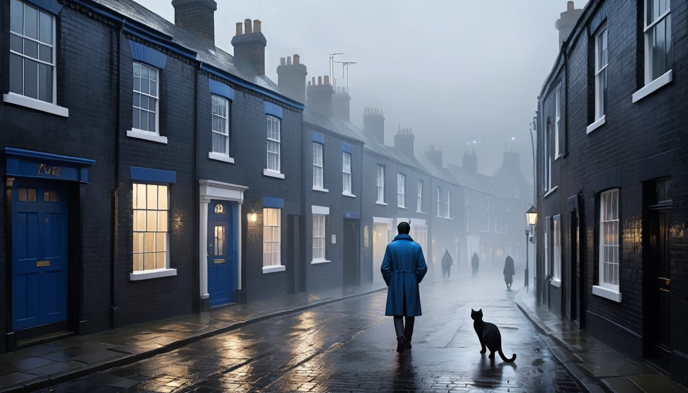 Create an afternoon scene on a dark street inspired by the streets of London. the street tiles are wet and fog hangs in the air. The street is deserted, only one man stands out in the landscape. A man wears blue warm clothes and black hair. A walking white cat on the wall of one of the houses. A wall with the image of a beautiful woman (the scene needs to have a noir atmosphere)