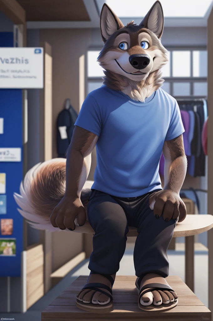 Larry (Zveropolis), wolf, Gray Fur, (brown body:1.3), beautiful blue eyes, Zveropolis, dressed, t-shirt,trousers,women's sandals with thick soles, observant,wolf, detailed fur, male, second, paw pads, finger claws, viewer, 5 fingers, paws, 4 toes,women's sandals,
BREAK from nextel, for dating, by xenoforge, (difficult, high detail,digital photography, soft focus, RAW, close to the camera, smile, positive, Good, mood, Houses, смотрит на viewer, очень close to the camera, in the shop,sandals sit on straps,
Photorealism, realistic, photorealistic,digital style, Subsurface scattering,очень close to the camera кольцо на пальце руки,
masterpiece, Best quality, ultra realistic, 8 thousand.)