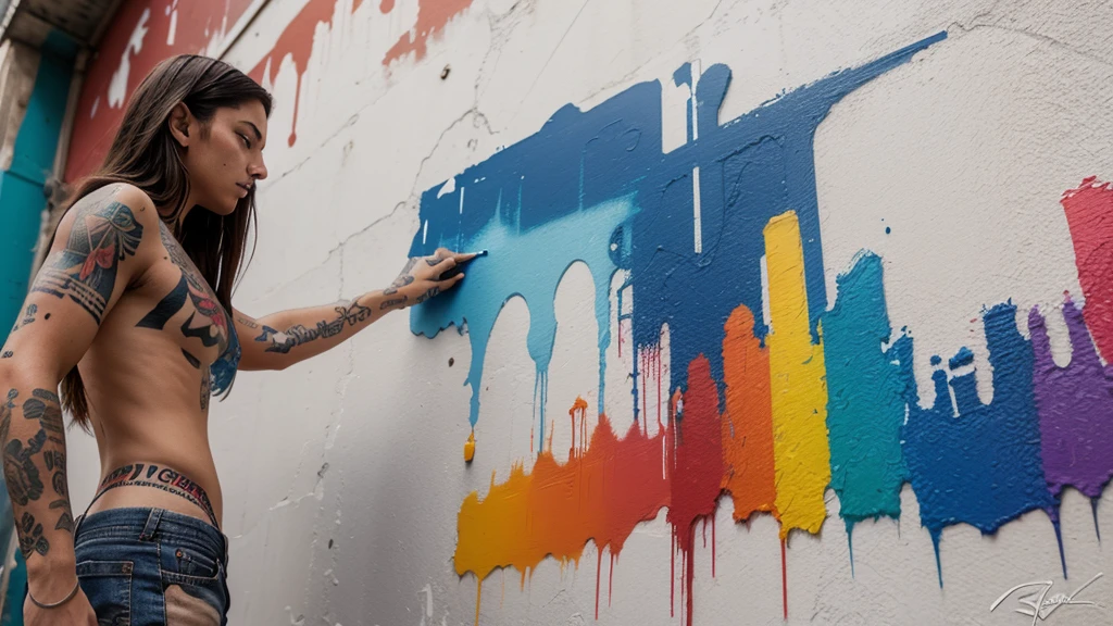 Create a scenario of a large wall painted with colorful paints simulating tattoos