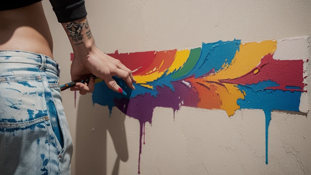 Create a scenario of a large wall painted with colorful paints simulating tattoos