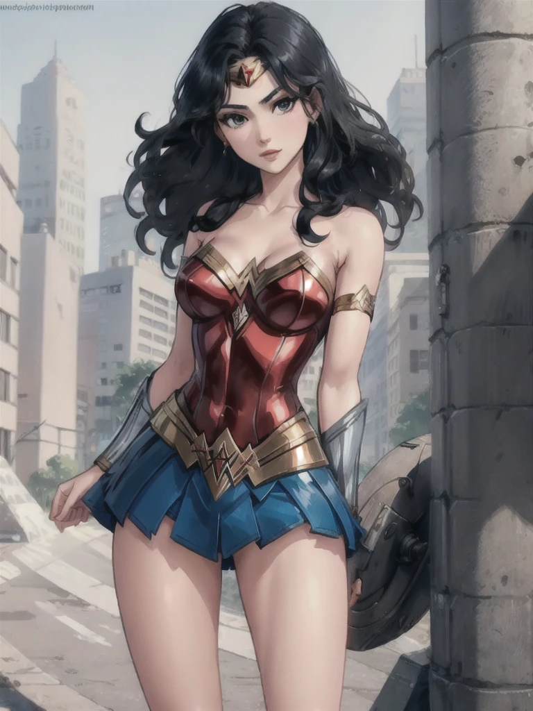 wonder woman, ((wearing a white Real Madrid tshirt)), (pretty face:1.2), (finely detailed face and beautiful eyes), mature female, muscle, bare hands, (armlet, blue armor skirt, bracer, head ring ), (black eyes, black long hair, messy hair, floating hair), ((white Real Madrid tshirt)), (long proportional legs), (best quality:1.1),(city background:1.2), dark_fantasy,, ((masterpiece)),